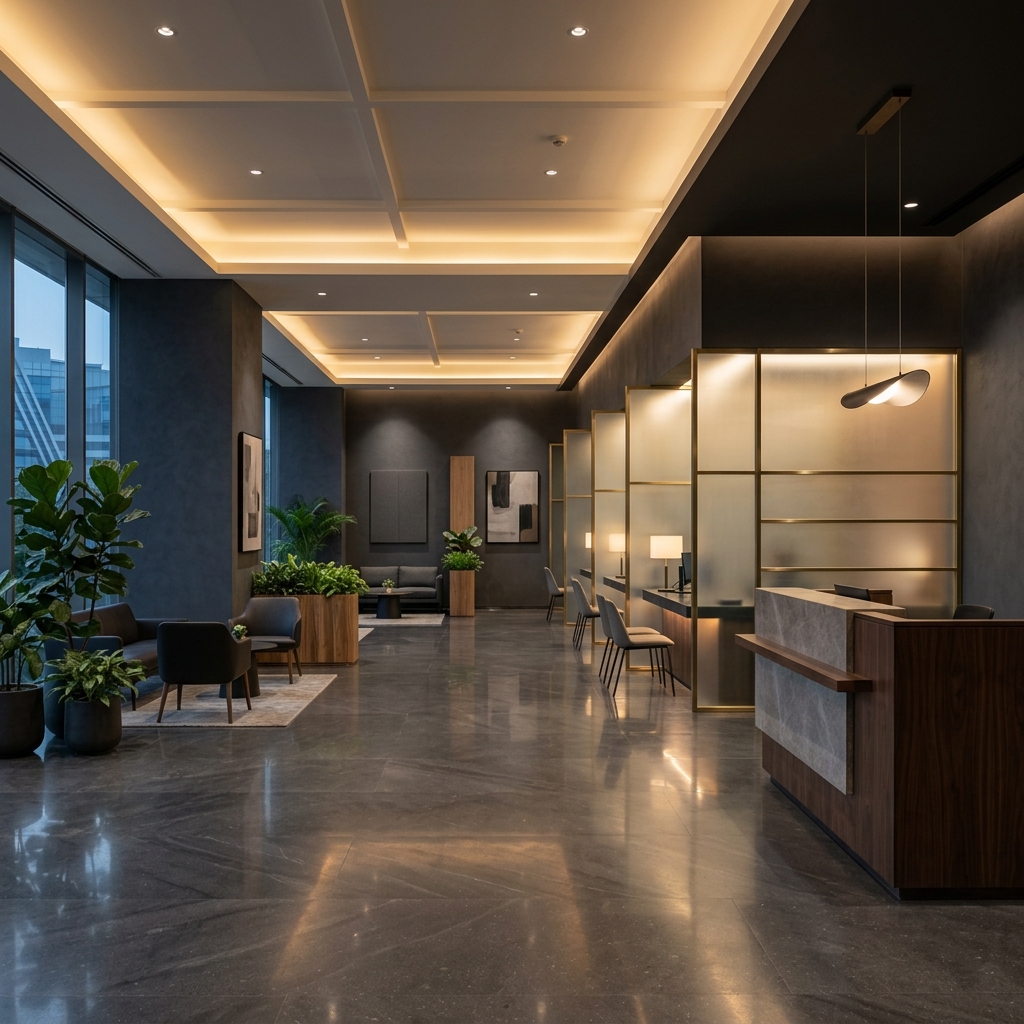 Modern bank interior — dark walls, warm ambient lighting, polished stone floor