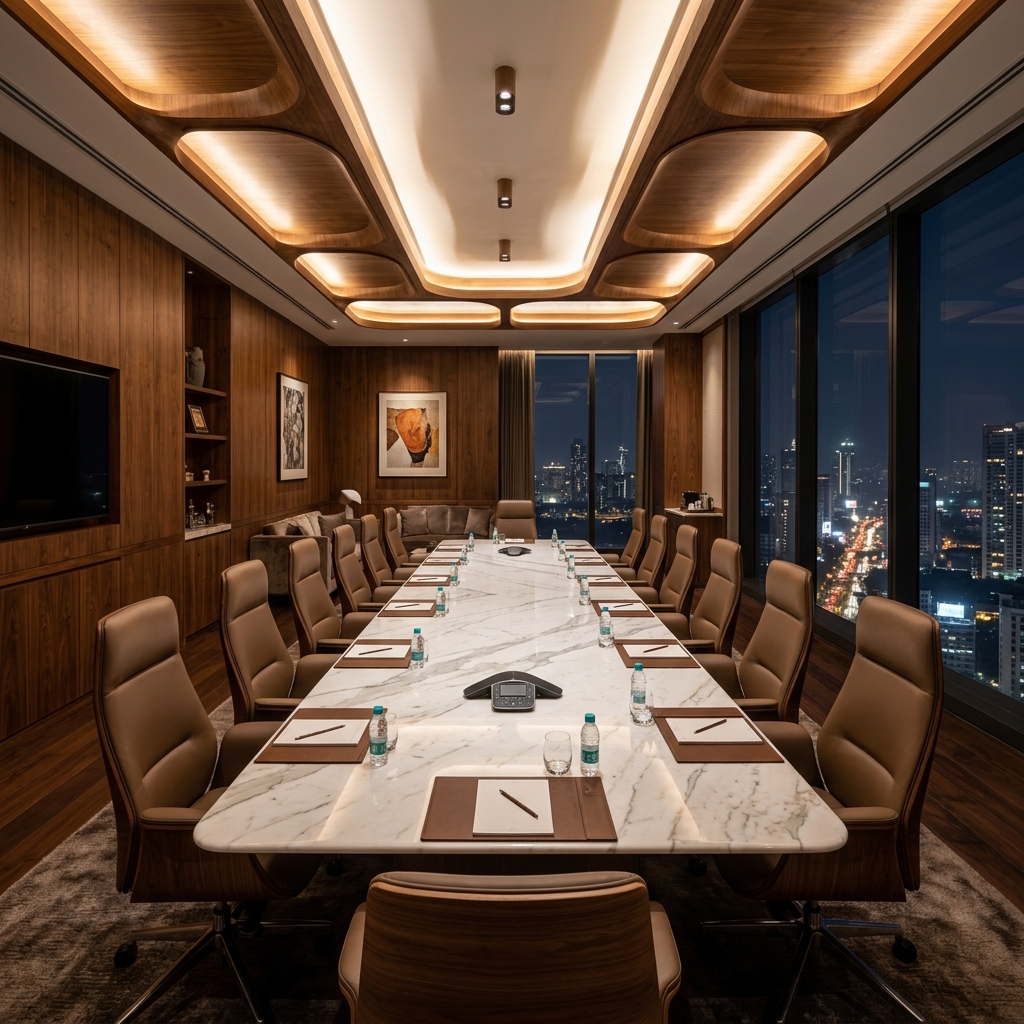 Premium corporate boardroom interior — walnut panelling, marble table, city view at night
