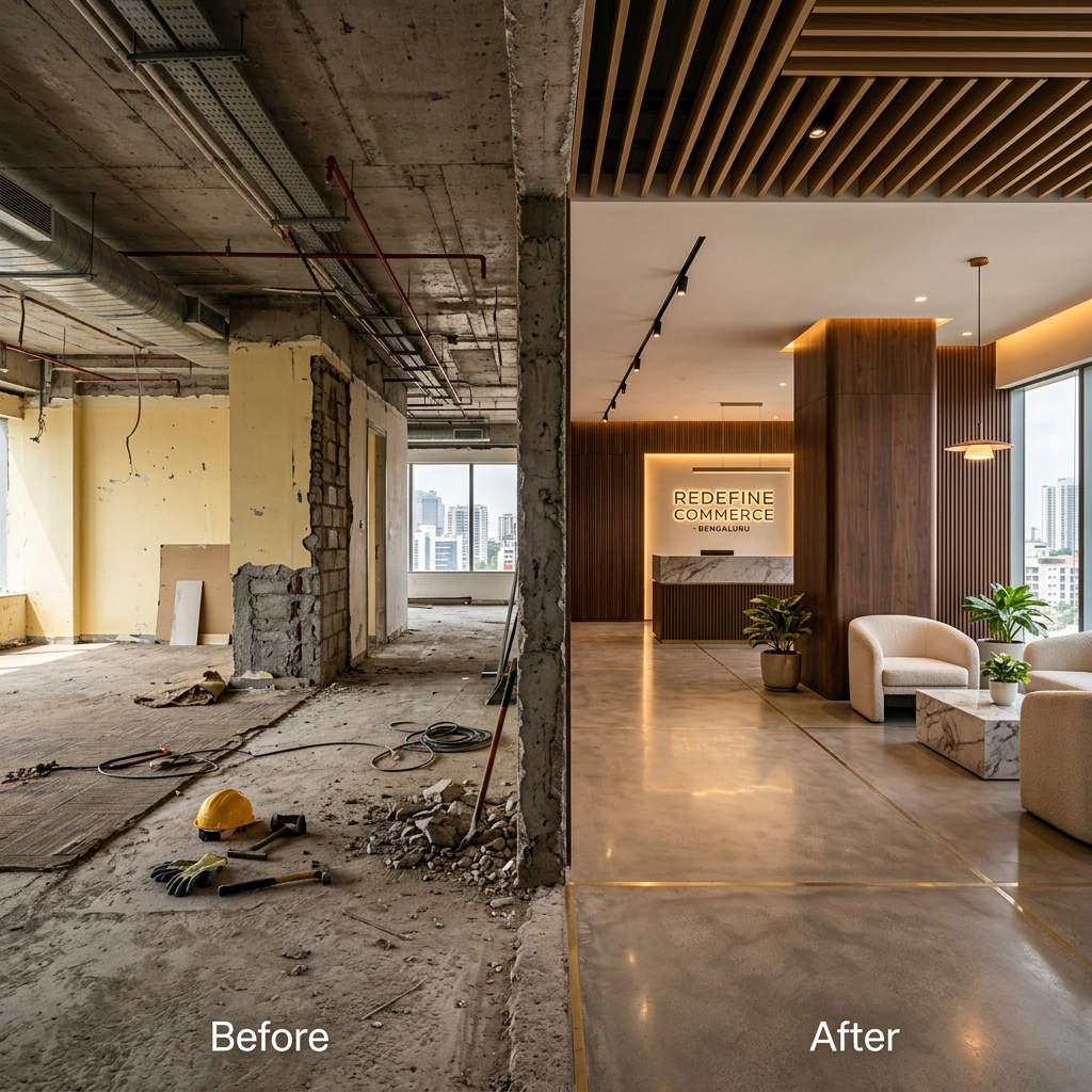 Commercial interior renovation — before and after transformation of an office space