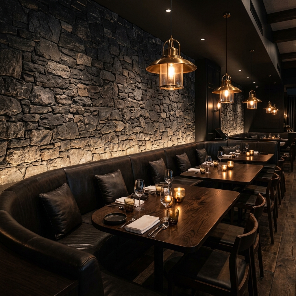 Moody premium restaurant — dark leather banquettes, stone wall, brass pendant lights