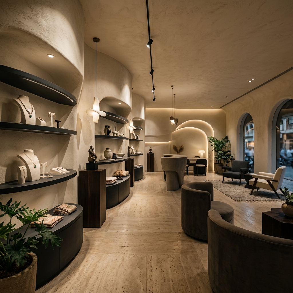 Luxury retail showroom — curved plaster shelving, travertine floors, warm lighting